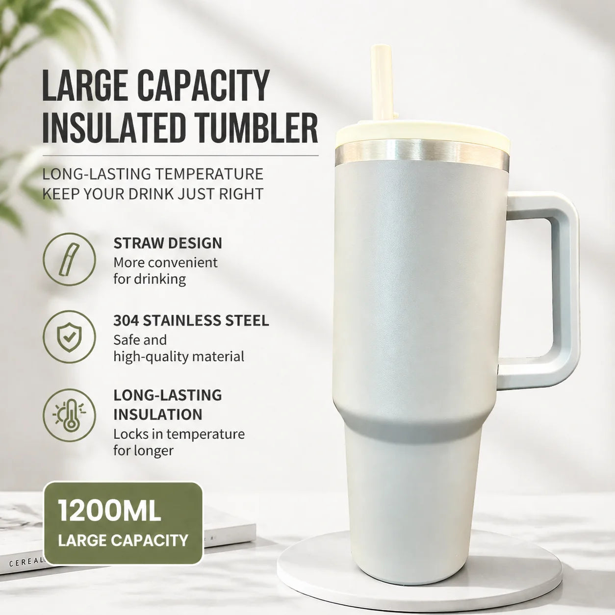 Double Wall Insulated Stainless Steel Tumbler With Handle And Straw