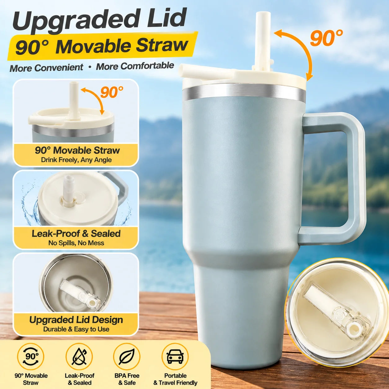 Double Wall Insulated Stainless Steel Tumbler With Handle And Straw