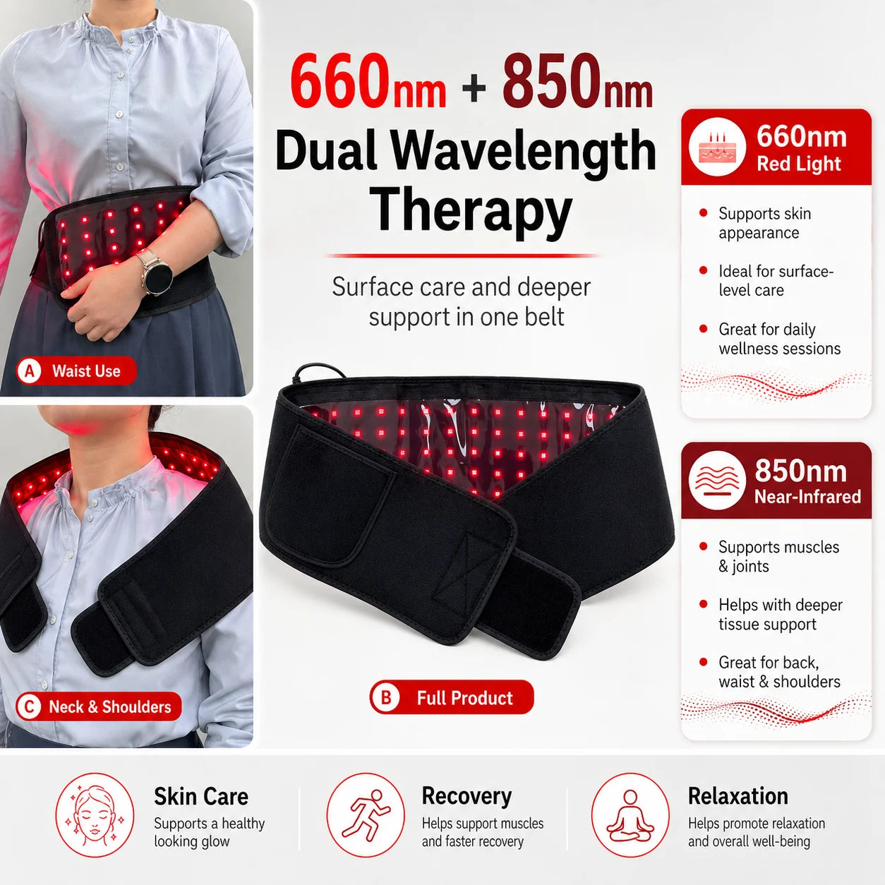 660nm 850nm Near Infrared Red Light Therapy Waist Belt