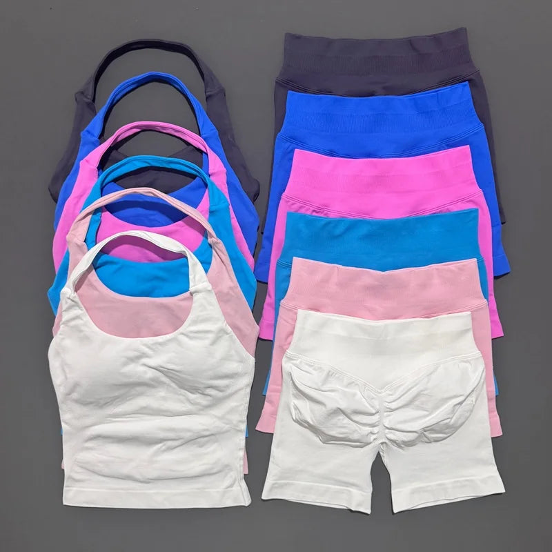 2 Pic Histello Sports Set Women Neck Halter Shockproof Longline Strappy Top Workout Scrunch Shorts Sets Fitness Clothes Gym Suit