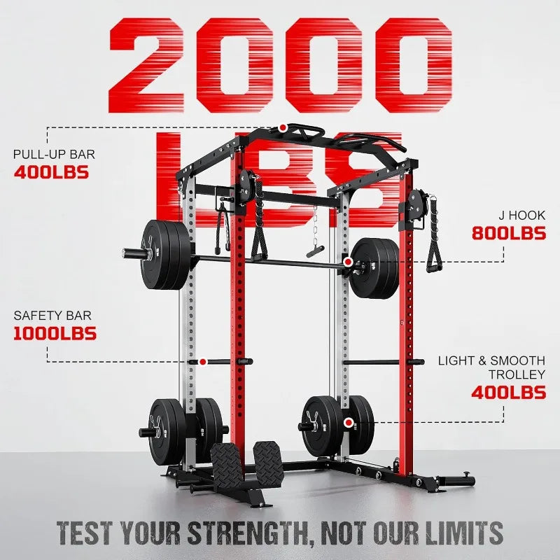 Full Cage Power Rack with Cable Crossover Dual Pulley System 2000LBS Squat Rack for Home Gym Full Body Training with