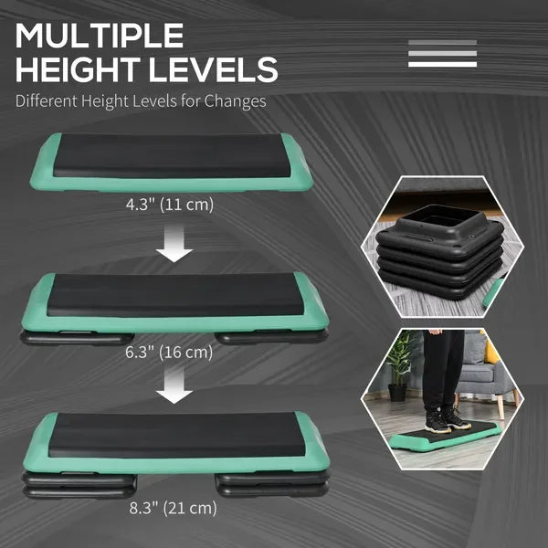 43' Adjustable AeroPlatform Stepper, 3-Level with Risers, 4'6'8', Black/Green, Cardio Fitness Step for Home Gym