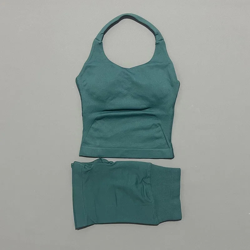 2 Pic Histello Sports Set Women Neck Halter Shockproof Longline Strappy Top Workout Scrunch Shorts Sets Fitness Clothes Gym Suit