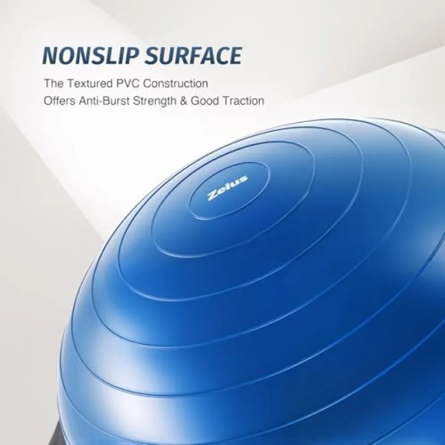 Balance Ball for home gym use PVC material blue color supports up to 660lb with nonslip base and includes 2 resistance bands pu