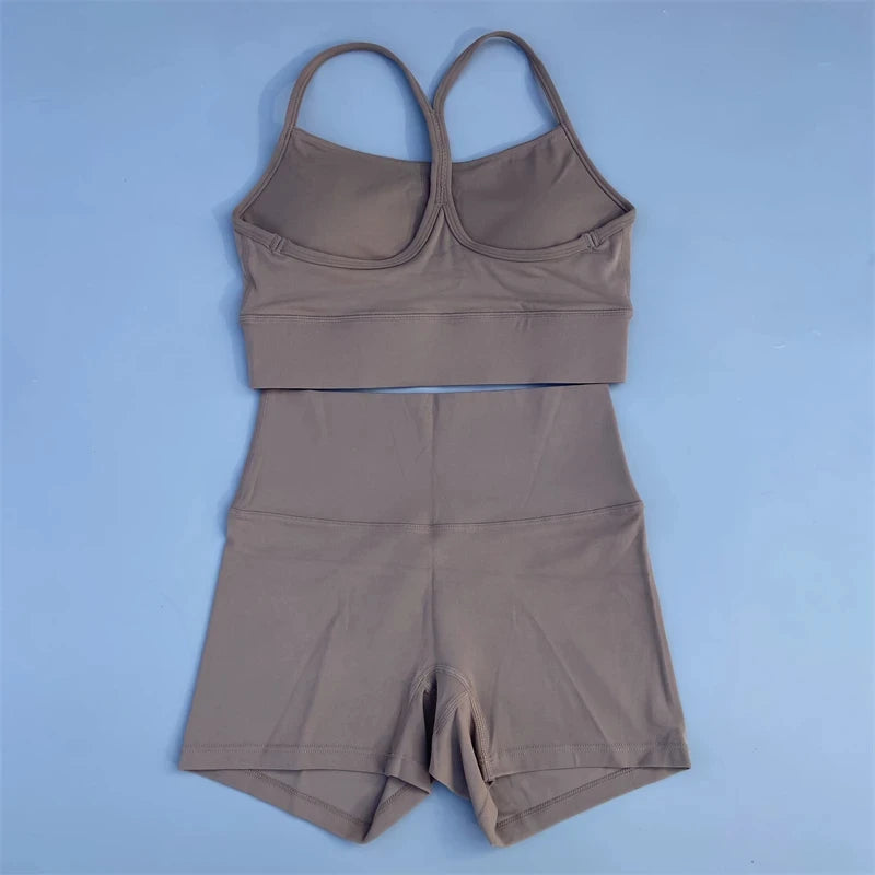 Solid Color gym bike Yoga Set short Legging +cross Y sport bra Tracksuit  Athletic Women Gym Suit Comprehensive Training Jogging