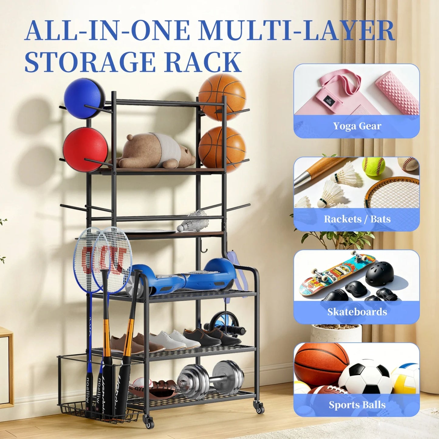 Yoga Mat Storage Rack Home Gym Storage Rack on Wheels Gym Organizer Equipment Storage for Home Exercise and Fitness Gear
