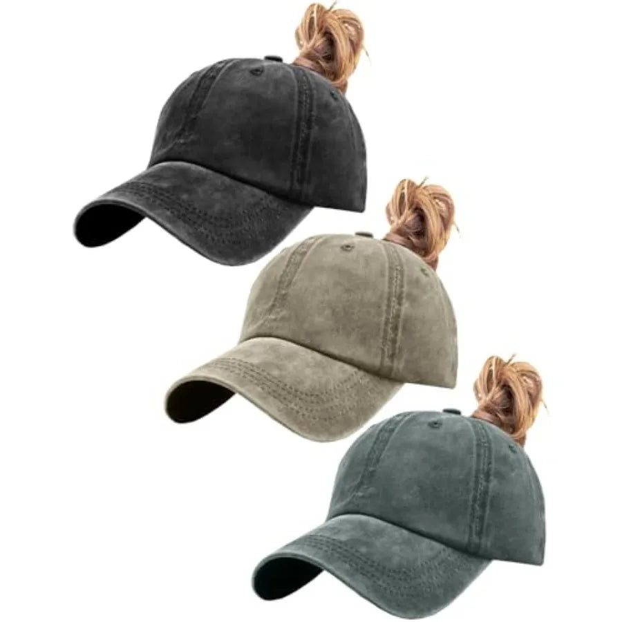 Womens Vintage Washed Distressed Baseball-Cap with Ponytail Hole Sport Golf Hat