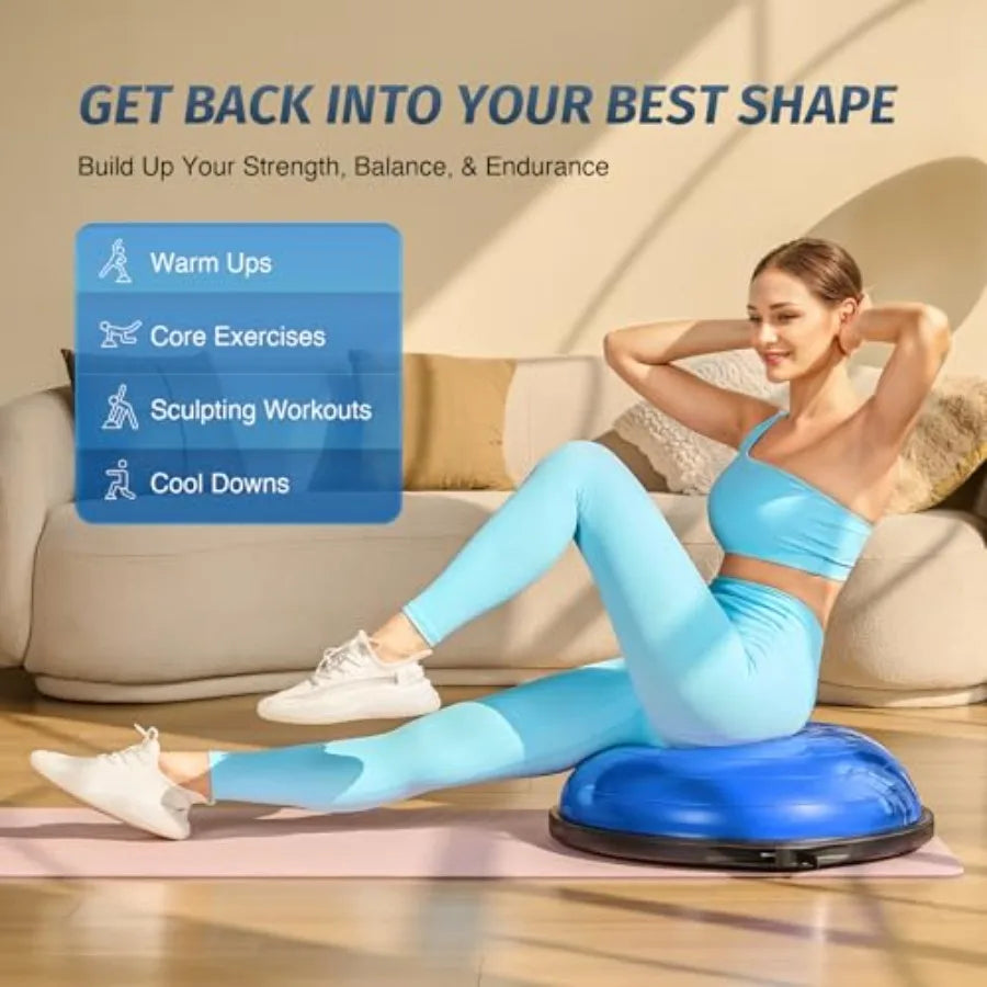 Balance Ball for home gym use PVC material blue color supports up to 660lb with nonslip base and includes 2 resistance bands pu