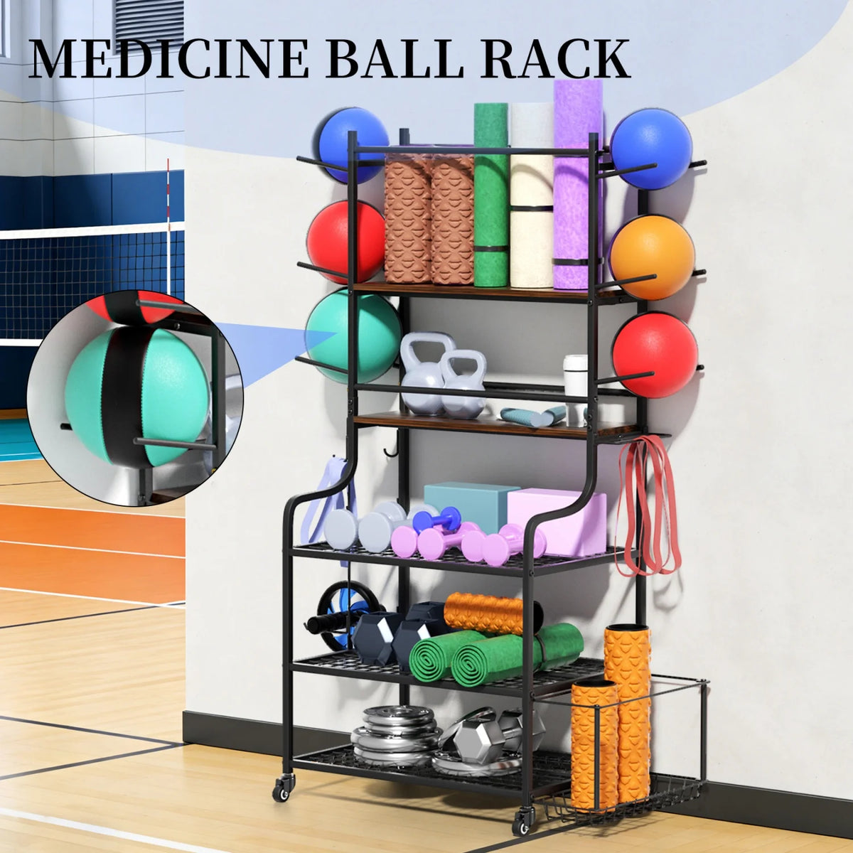 Yoga Mat Storage Rack Home Gym Storage Rack on Wheels Gym Organizer Equipment Storage for Home Exercise and Fitness Gear