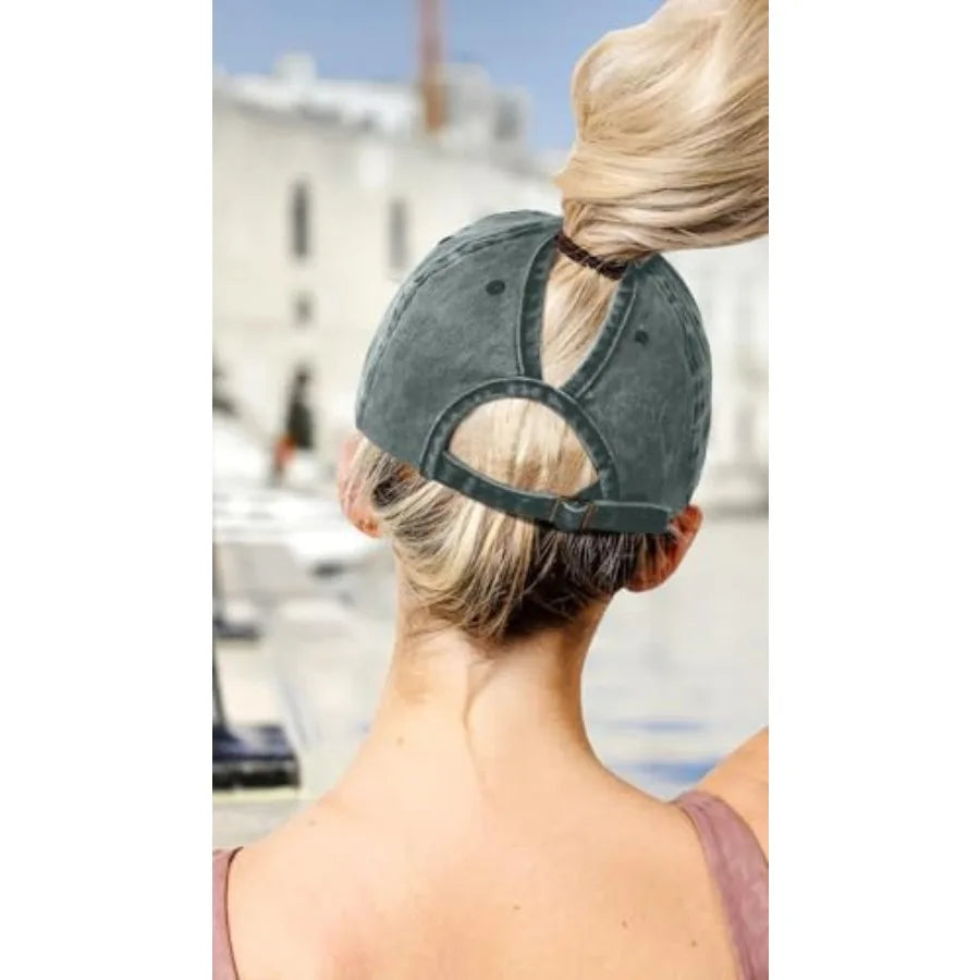 Womens Vintage Washed Distressed Baseball-Cap with Ponytail Hole Sport Golf Hat