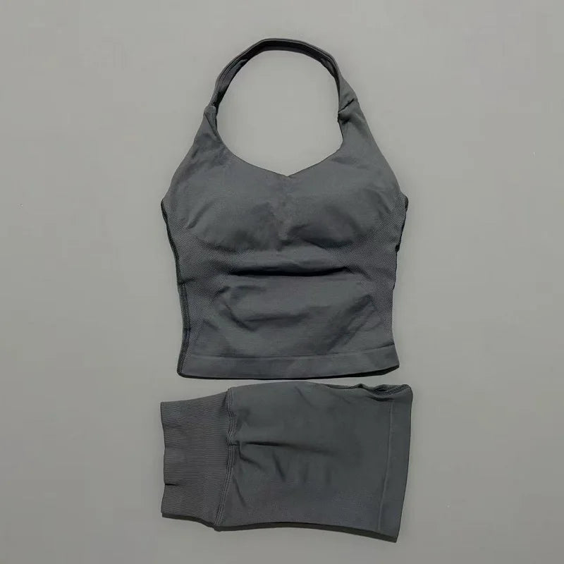 2 Pic Histello Sports Set Women Neck Halter Shockproof Longline Strappy Top Workout Scrunch Shorts Sets Fitness Clothes Gym Suit
