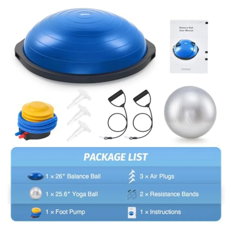 Balance Ball for home gym use PVC material blue color supports up to 660lb with nonslip base and includes 2 resistance bands pu