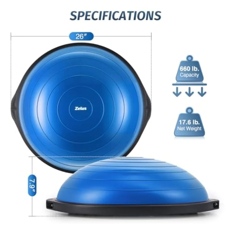 Balance Ball for home gym use PVC material blue color supports up to 660lb with nonslip base and includes 2 resistance bands pu