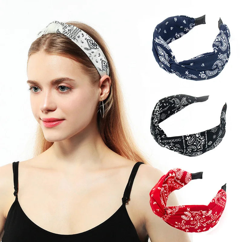 Fashion Cotton Cashew Flowers Printing Soft Wide Hairhoop Hair Accessories for Women Casual Bow Cross Ethnic Headband 2030