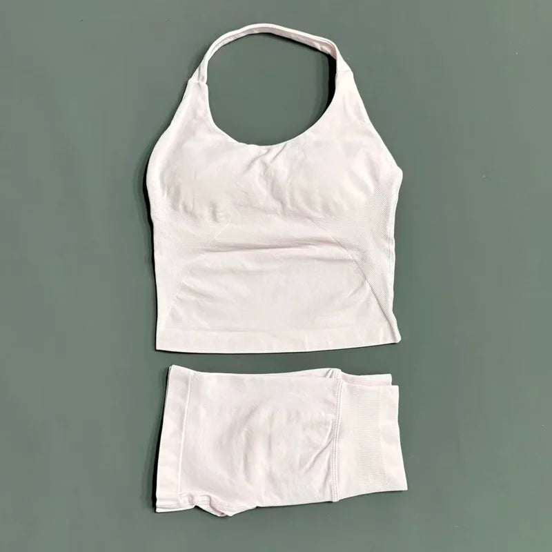 2 Pic Histello Sports Set Women Neck Halter Shockproof Longline Strappy Top Workout Scrunch Shorts Sets Fitness Clothes Gym Suit