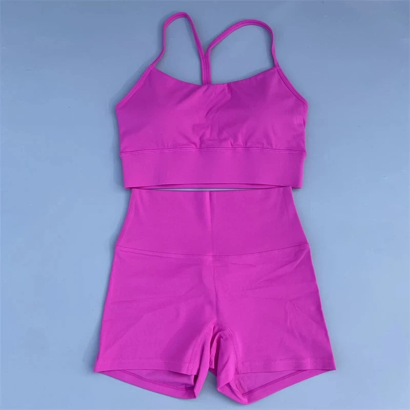 Solid Color gym bike Yoga Set short Legging +cross Y sport bra Tracksuit  Athletic Women Gym Suit Comprehensive Training Jogging