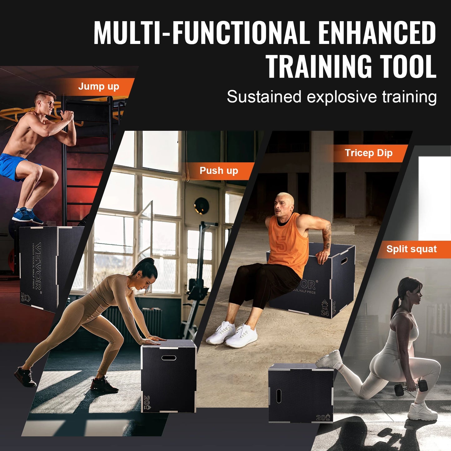 VEVOR 3 in 1 Plyometric Jump Box Wooden Plyo Box Black, Anti-Slip Surface for Home Gym Training Conditioning Strength Training