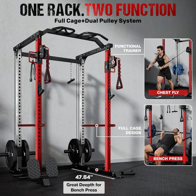 Full Cage Power Rack with Cable Crossover Dual Pulley System 2000LBS Squat Rack for Home Gym Full Body Training with
