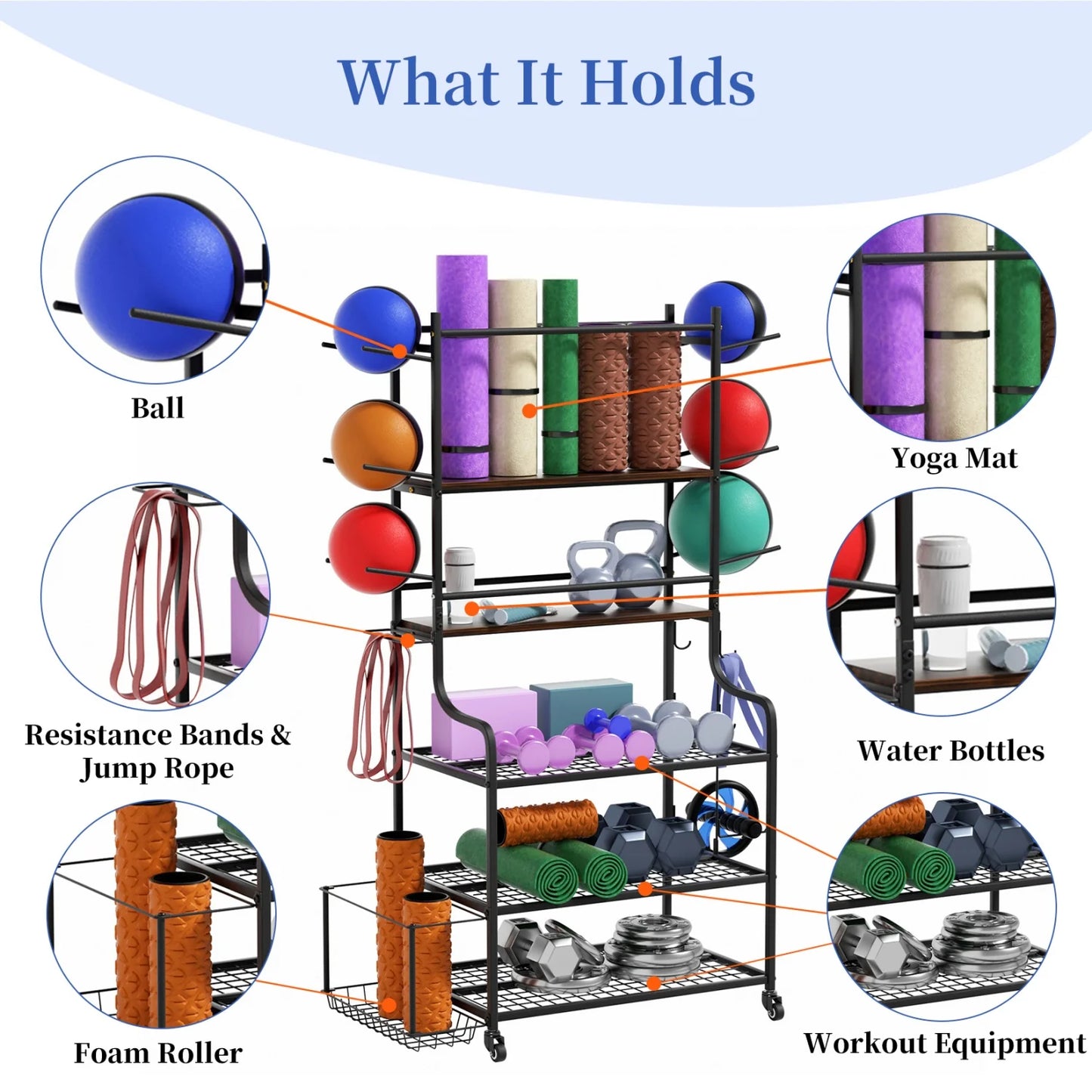 Yoga Mat Storage Rack Home Gym Storage Rack on Wheels Gym Organizer Equipment Storage for Home Exercise and Fitness Gear