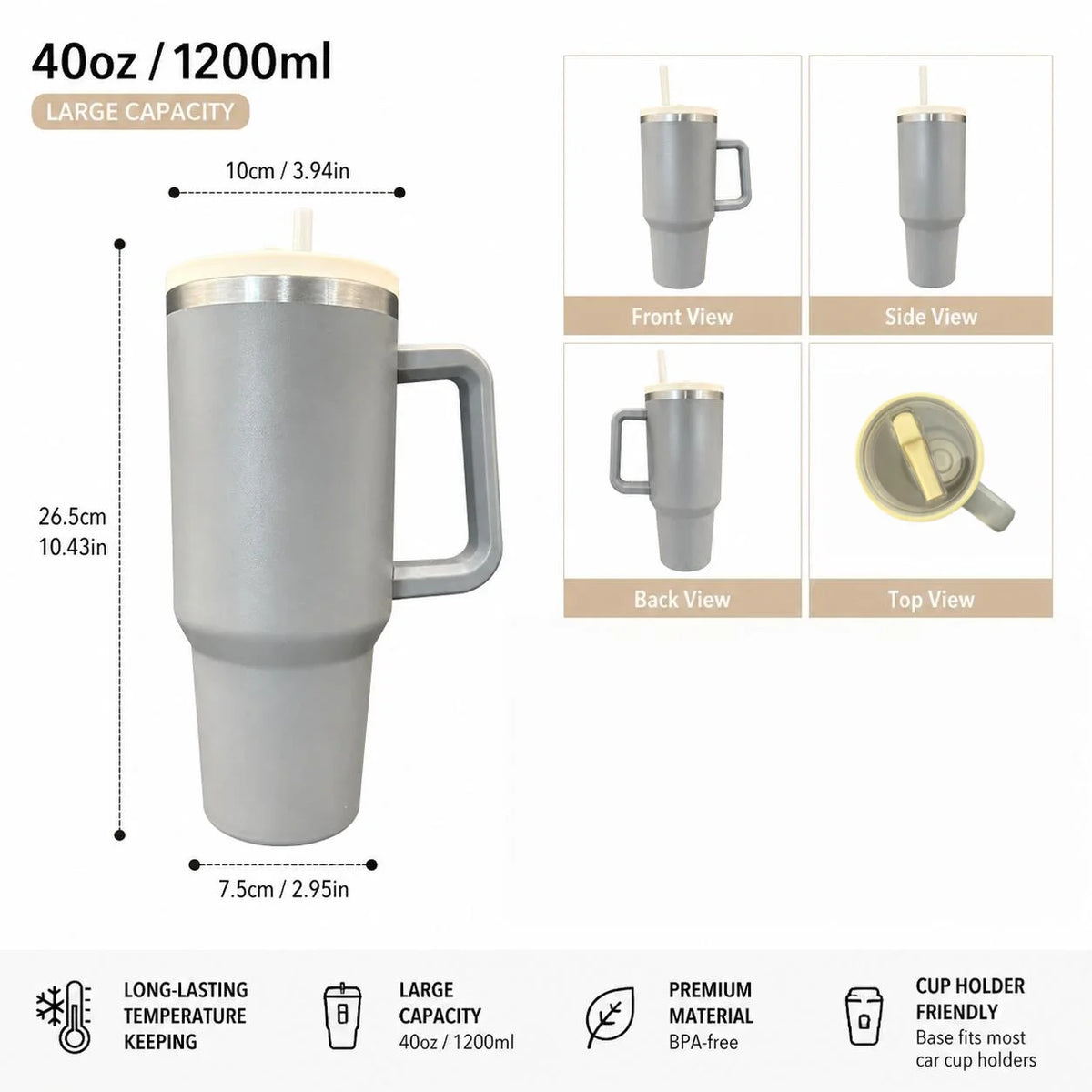 Double Wall Insulated Stainless Steel Tumbler With Handle And Straw