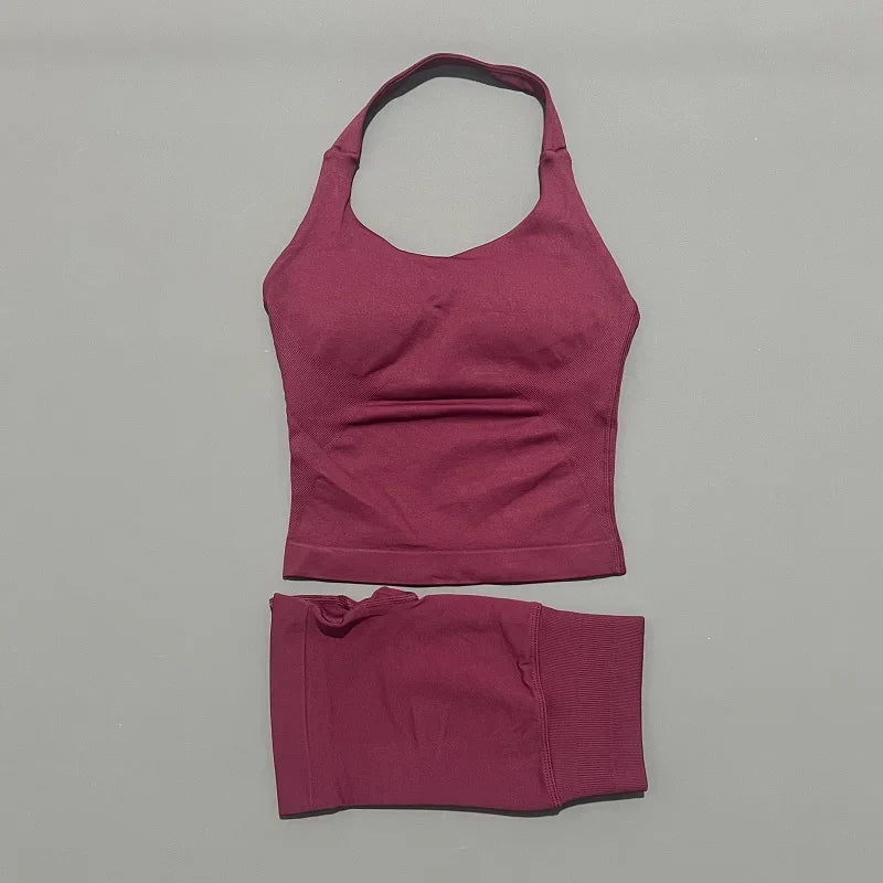 2 Pic Histello Sports Set Women Neck Halter Shockproof Longline Strappy Top Workout Scrunch Shorts Sets Fitness Clothes Gym Suit