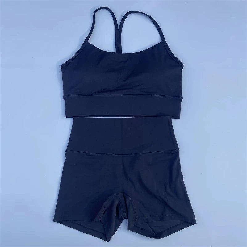 Solid Color gym bike Yoga Set short Legging +cross Y sport bra Tracksuit  Athletic Women Gym Suit Comprehensive Training Jogging