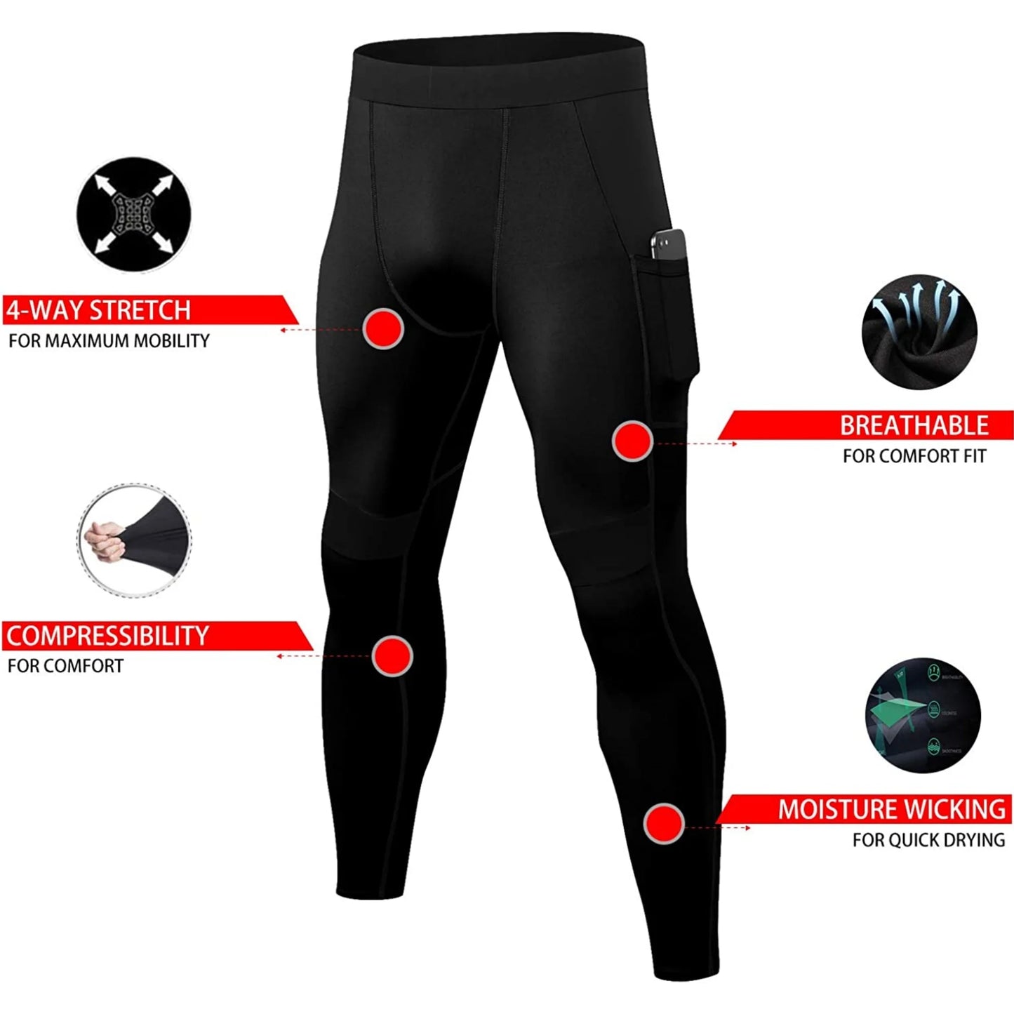 Mens Compression Pants with Pockets Workout Leggings Running Tights Cool Dry Athletic Sports Gym Baselayer