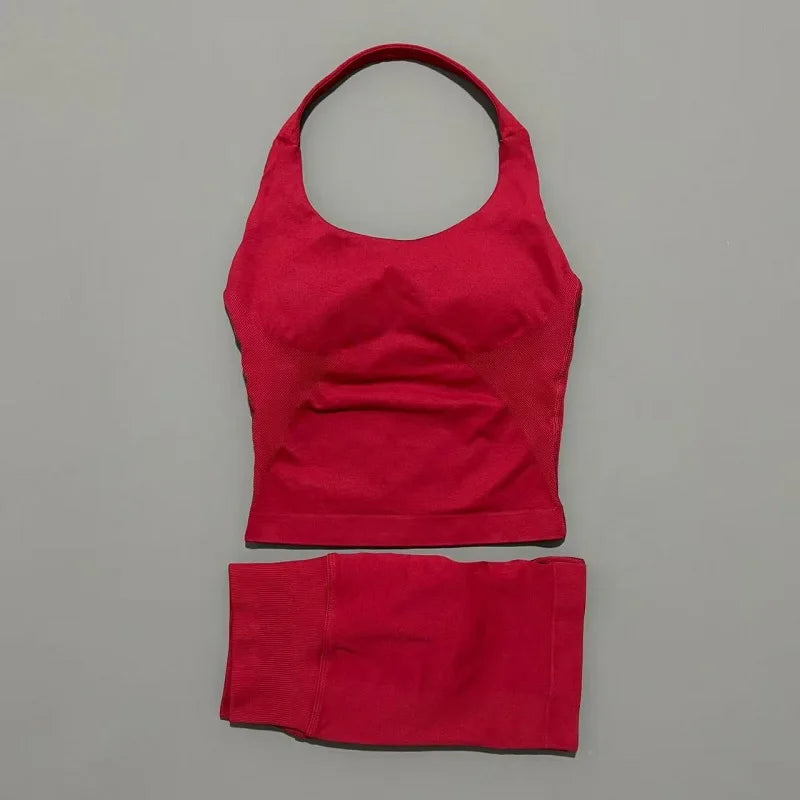 2 Pic Histello Sports Set Women Neck Halter Shockproof Longline Strappy Top Workout Scrunch Shorts Sets Fitness Clothes Gym Suit