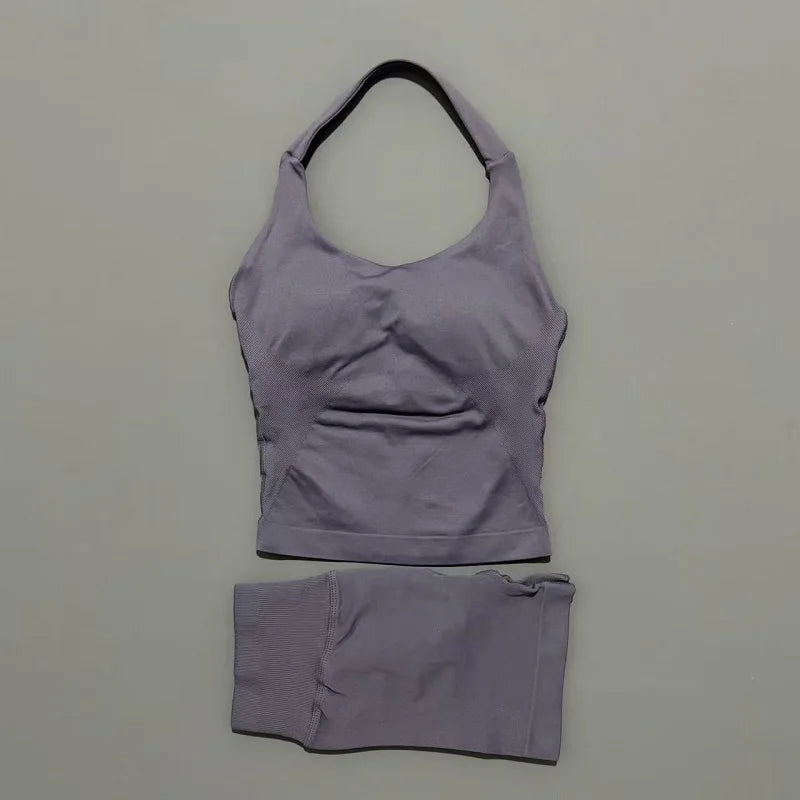 2 Pic Histello Sports Set Women Neck Halter Shockproof Longline Strappy Top Workout Scrunch Shorts Sets Fitness Clothes Gym Suit