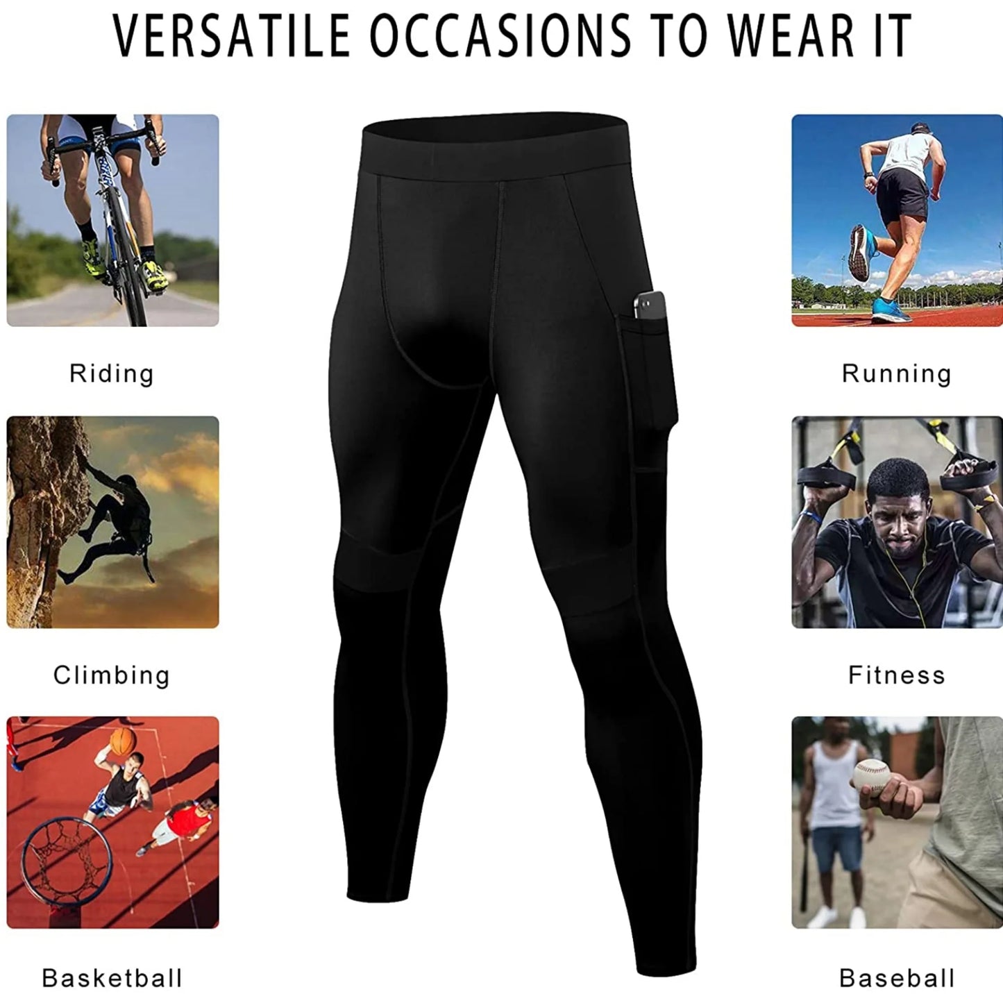 Mens Compression Pants with Pockets Workout Leggings Running Tights Cool Dry Athletic Sports Gym Baselayer
