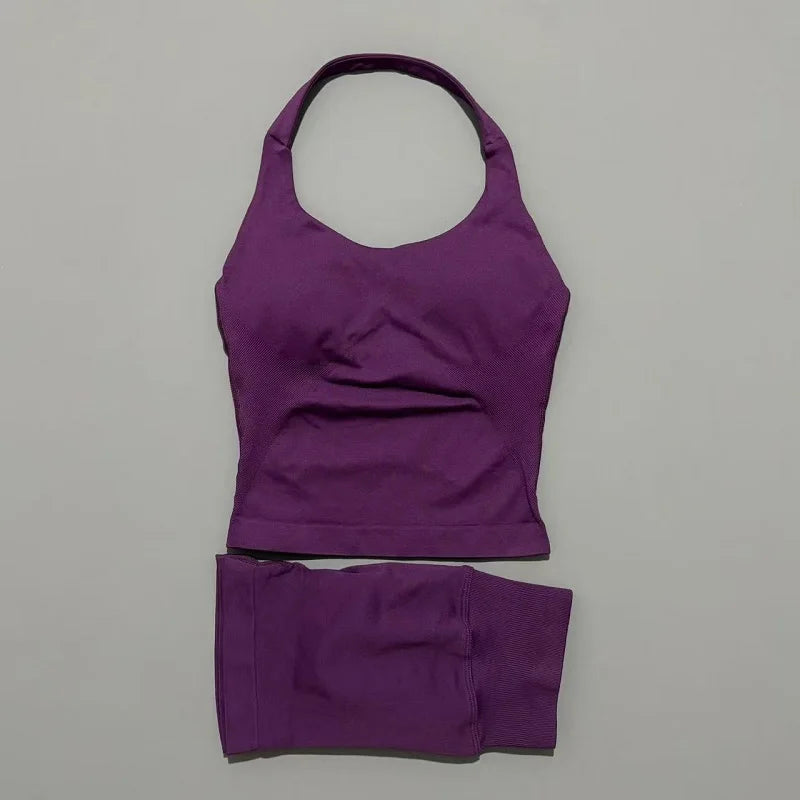 2 Pic Histello Sports Set Women Neck Halter Shockproof Longline Strappy Top Workout Scrunch Shorts Sets Fitness Clothes Gym Suit