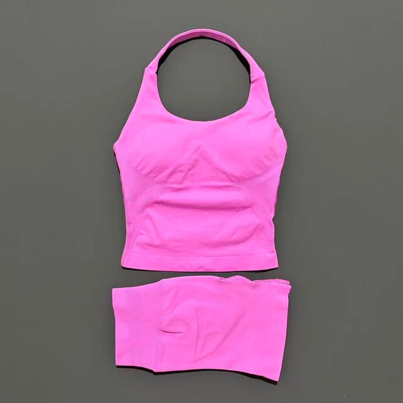 2 Pic Histello Sports Set Women Neck Halter Shockproof Longline Strappy Top Workout Scrunch Shorts Sets Fitness Clothes Gym Suit