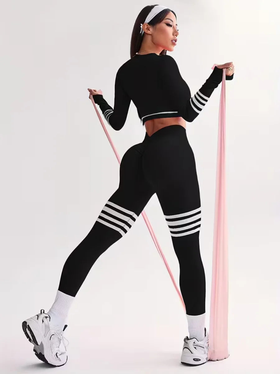 3-Piece Women's Y2K Striped Tracksuit: Crop Top+Leggings+Bra, Slim Gym/Streetwear