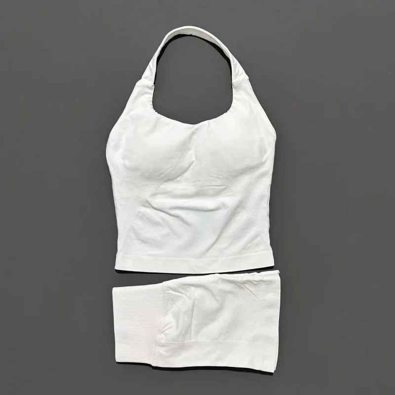 2 Pic Histello Sports Set Women Neck Halter Shockproof Longline Strappy Top Workout Scrunch Shorts Sets Fitness Clothes Gym Suit