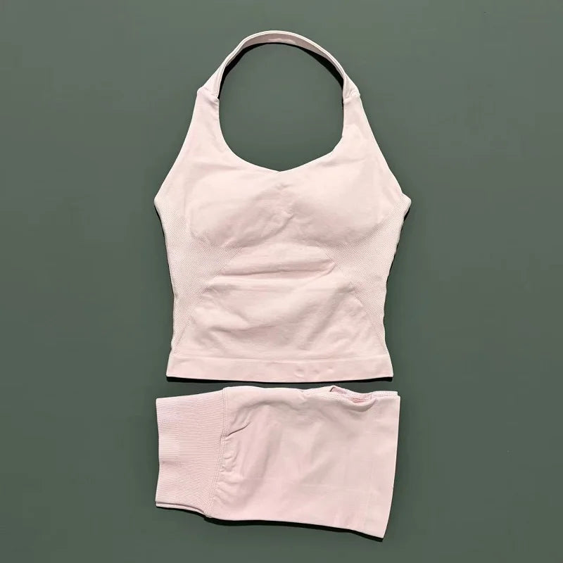 2 Pic Histello Sports Set Women Neck Halter Shockproof Longline Strappy Top Workout Scrunch Shorts Sets Fitness Clothes Gym Suit