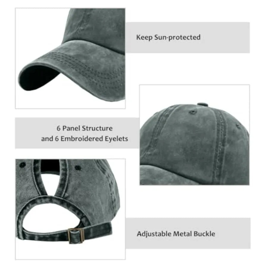 Womens Vintage Washed Distressed Baseball-Cap with Ponytail Hole Sport Golf Hat