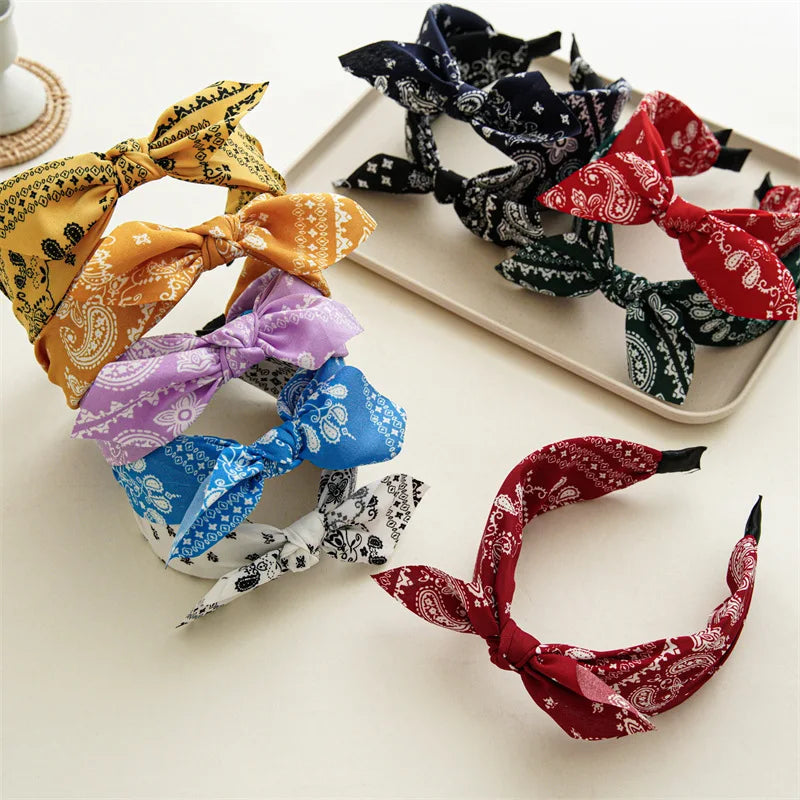 Fashion Cotton Cashew Flowers Printing Soft Wide Hairhoop Hair Accessories for Women Casual Bow Cross Ethnic Headband 2030
