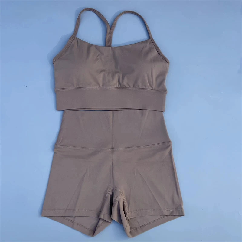 Solid Color gym bike Yoga Set short Legging +cross Y sport bra Tracksuit  Athletic Women Gym Suit Comprehensive Training Jogging