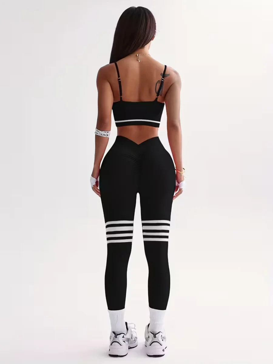 3-Piece Women's Y2K Striped Tracksuit: Crop Top+Leggings+Bra, Slim Gym/Streetwear