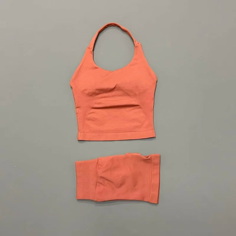 2 Pic Histello Sports Set Women Neck Halter Shockproof Longline Strappy Top Workout Scrunch Shorts Sets Fitness Clothes Gym Suit