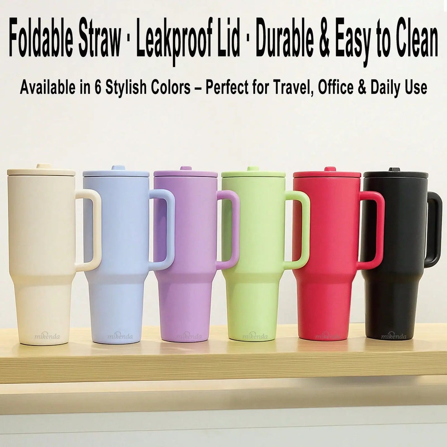 1Pc 40oz Leakproof Multicolor Cups, 304 Stainless Steel Thermal Insulated Coffee Mug With Handle, Travel Tumbler With Straw Lid