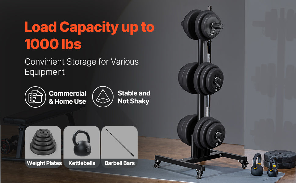 VEVOR Weight Plate Rack Standard Weight Plate Tree with Wheels 1000 lbs Load Capacity Home Gym Barbell Rack Storage Stand