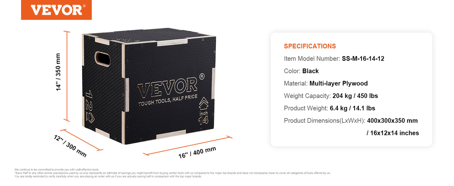 VEVOR 3 in 1 Plyometric Jump Box Wooden Plyo Box Black, Anti-Slip Surface for Home Gym Training Conditioning Strength Training