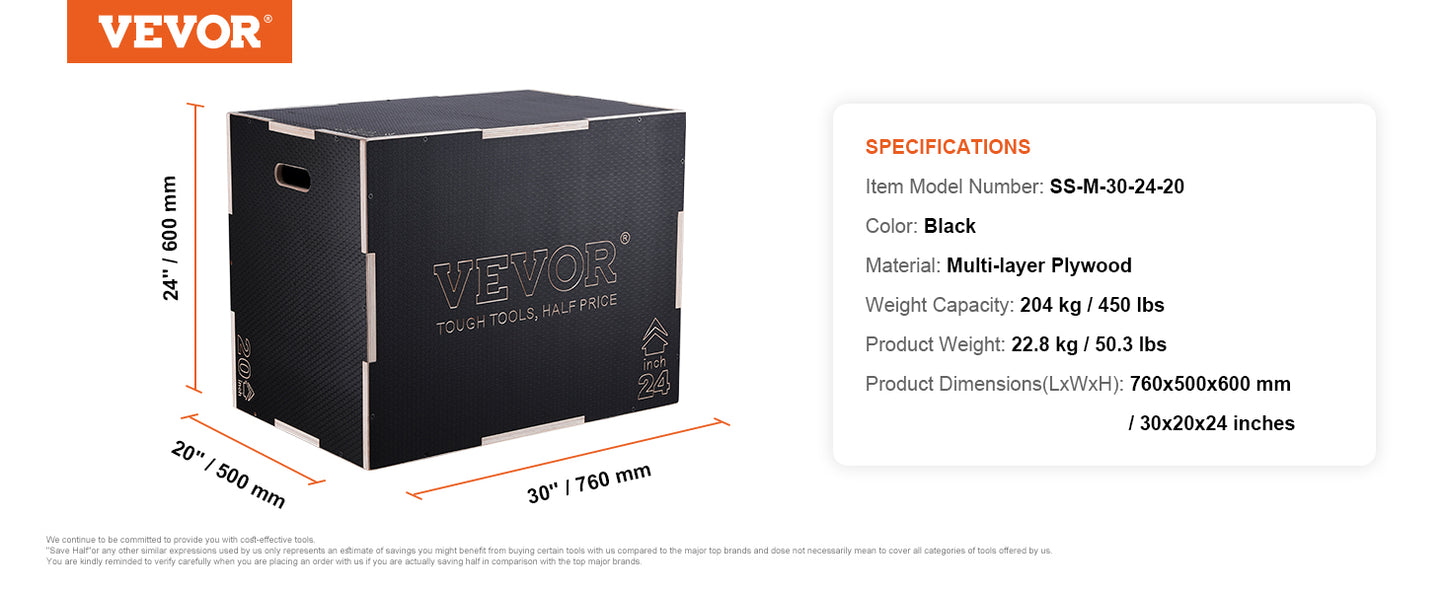 VEVOR 3 in 1 Plyometric Jump Box Wooden Plyo Box Black, Anti-Slip Surface for Home Gym Training Conditioning Strength Training