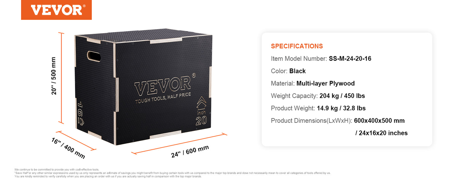 VEVOR 3 in 1 Plyometric Jump Box Wooden Plyo Box Black, Anti-Slip Surface for Home Gym Training Conditioning Strength Training