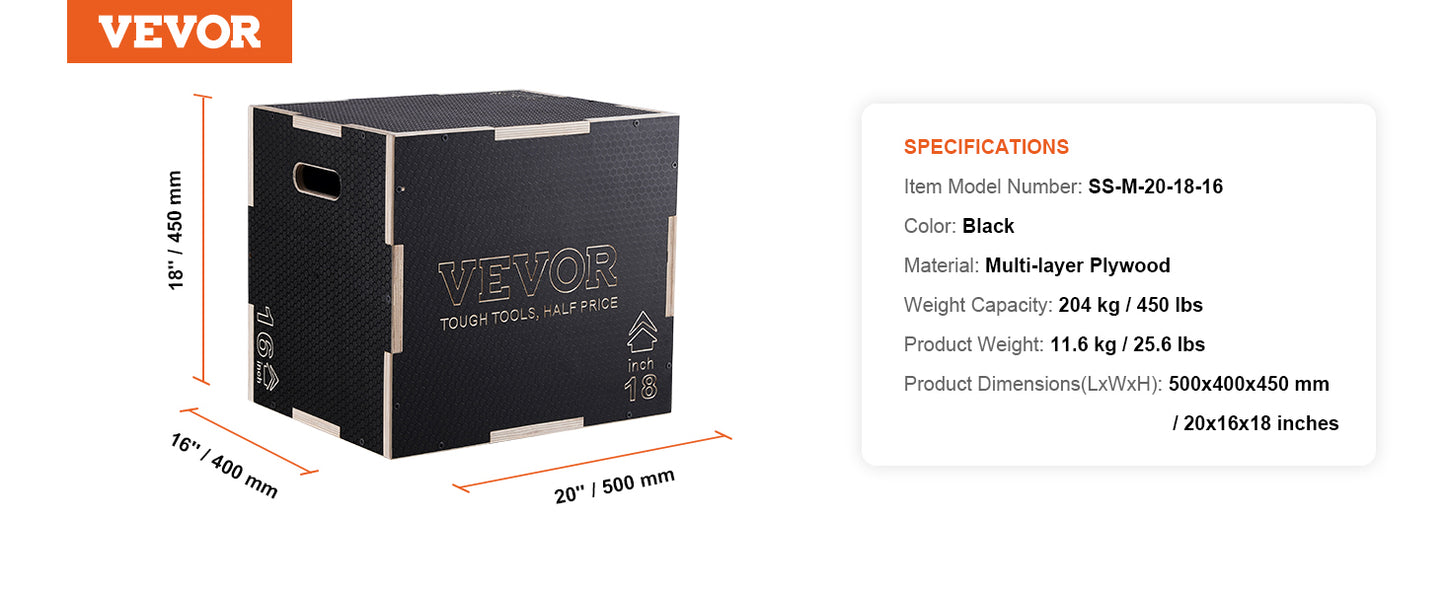 VEVOR 3 in 1 Plyometric Jump Box Wooden Plyo Box Black, Anti-Slip Surface for Home Gym Training Conditioning Strength Training