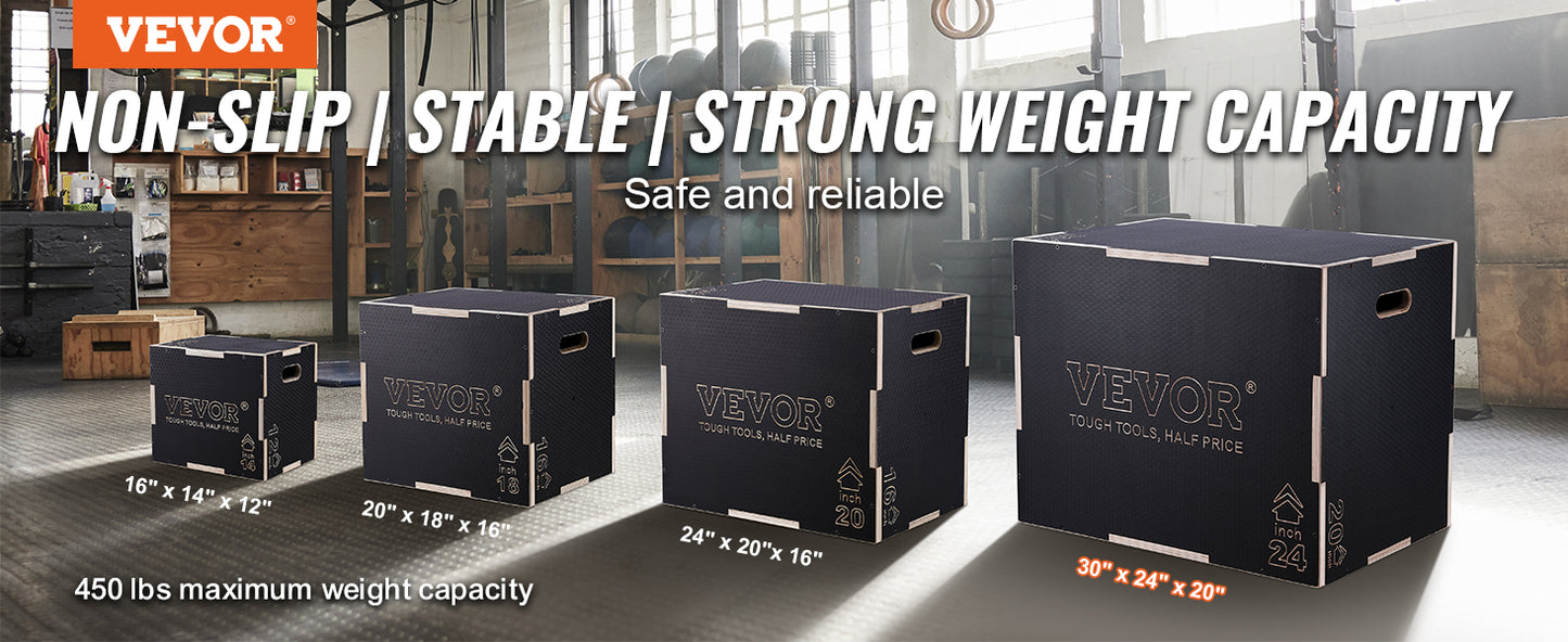 VEVOR 3 in 1 Plyometric Jump Box Wooden Plyo Box Black, Anti-Slip Surface for Home Gym Training Conditioning Strength Training