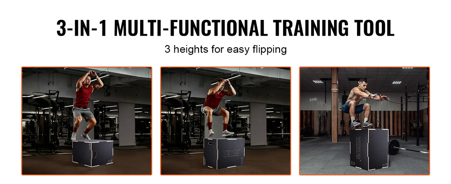 VEVOR 3 in 1 Plyometric Jump Box Wooden Plyo Box Black, Anti-Slip Surface for Home Gym Training Conditioning Strength Training