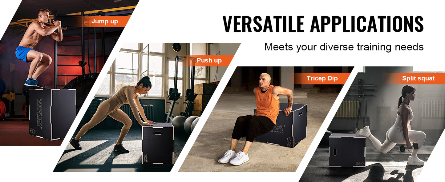 VEVOR 3 in 1 Plyometric Jump Box Wooden Plyo Box Black, Anti-Slip Surface for Home Gym Training Conditioning Strength Training